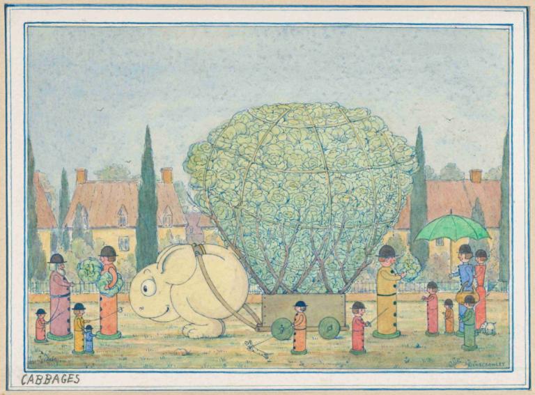 Cabbages, a 'Wiggle Much' design,Herbert Crowley,Illustration,Illustration, umbrella, tree, multiple boys