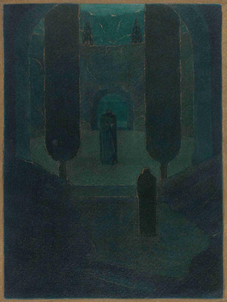 Cloaked Figures in a Dark Garden,Förklädda figurer i en mörk trädgård,Herbert Crowley,Kopparplåt Etsning