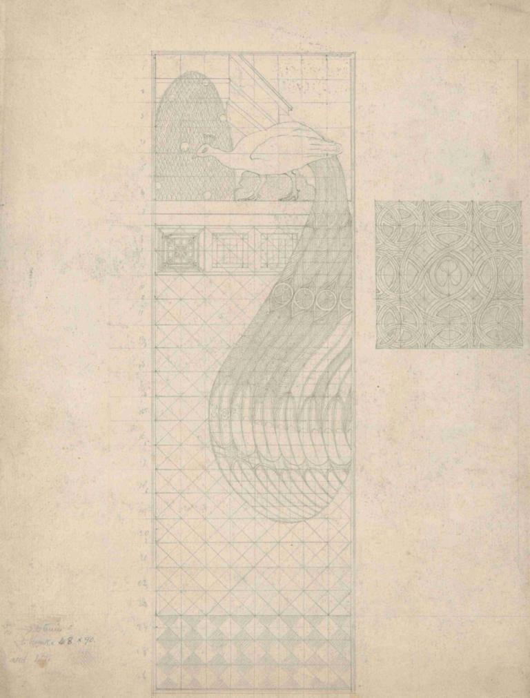 Design for Peacock Panel and a Tile,Herbert Crowley,Copperplate Etching,Copperplate Etching, 1girl, long hair