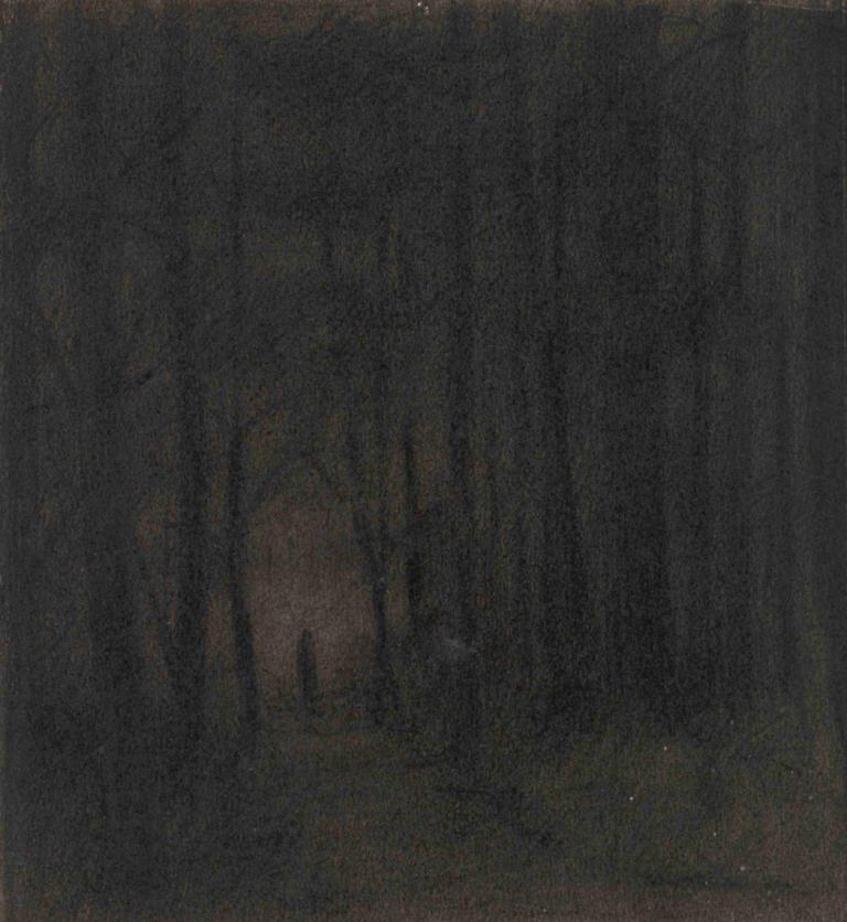 Figure in a Dark Wood,Herbert Crowley,Copperplate Etching,Copperplate Etching, dark, tree, no humans, nature