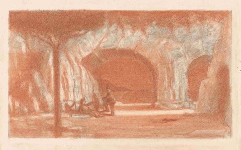 Figures Resting by a Cave,Herbert Crowley,Copperplate Etching,Copperplate Etching, 1girl, solo, tree