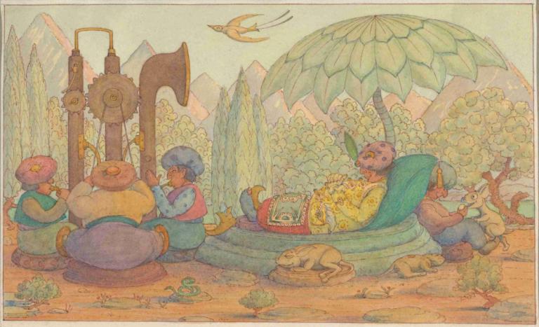 The Sultan Rests,Tempat Istirahat Sultan,Herbert Crowley,Ilustrasi,Ilustrasi, pohon, gunung, rambut pendek