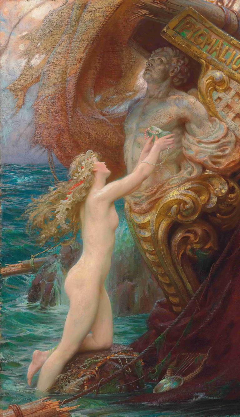 A Deep Sea Idyll,Herbert James Draper,Oil Painting,Oil Painting, fine art parody, watercraft, nude, boat