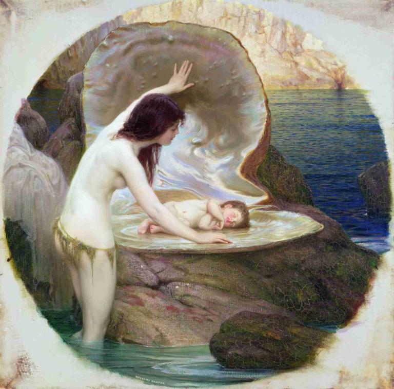 A Water Baby,Bir Su Bebeği,Herbert James Draper,Yağlı boya,Yağlı boya, su, güzel sanatlar parodisi, çıplak