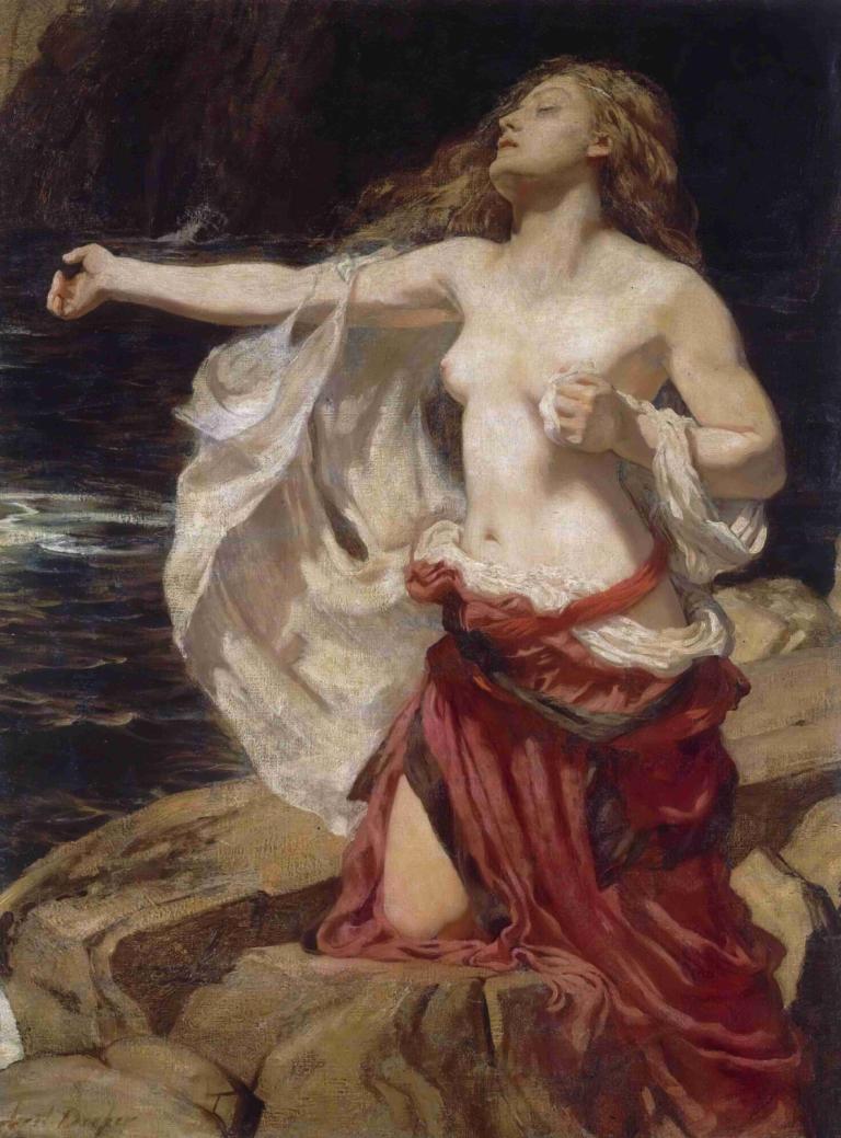 Ariadne,Herbert James Draper,Olieverf,Olieverf, parodie op beeldende kunst, 1meisje, solo, borsten, topless