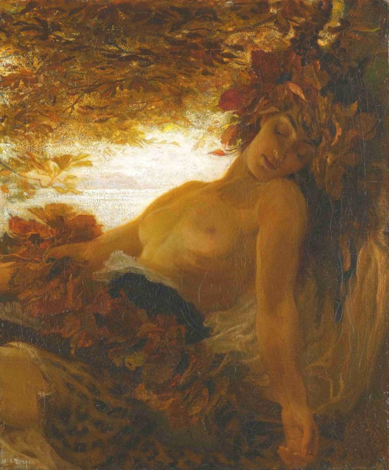 Autumn,가을,Herbert James Draper,허버트 제임스 드레이퍼,오일 페인팅,오일 페인팅, 여자 1명, 독주, 젖꼭지, 현실적인, 가슴, 미술 패러디, 감긴 눈, 가짜 전통 미디어