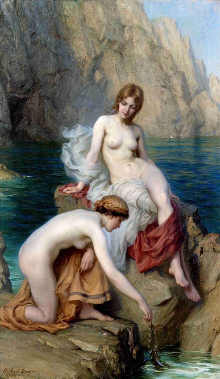 By Summer Seas,Herbert James Draper,Oil Painting,Oil Painting, fine art parody, breasts, nipples, water