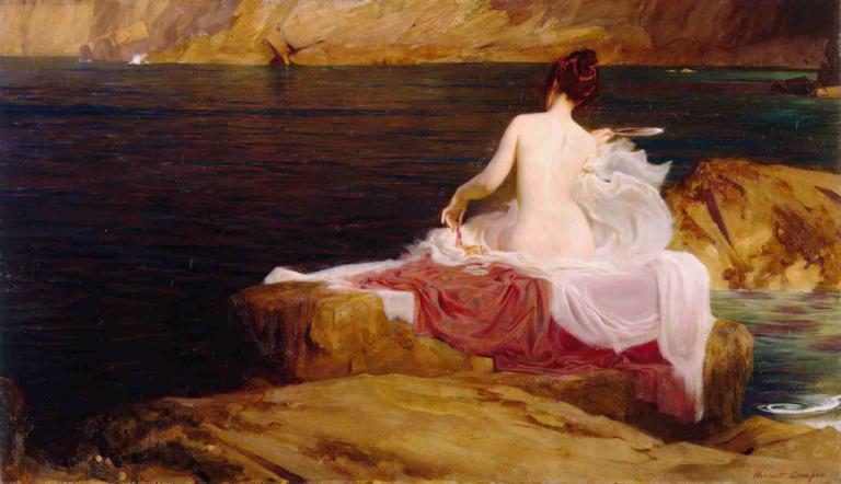 Calypso Island,Herbert James Draper,Oil Painting,Oil Painting, 1girl, solo, water, nude, back, rock