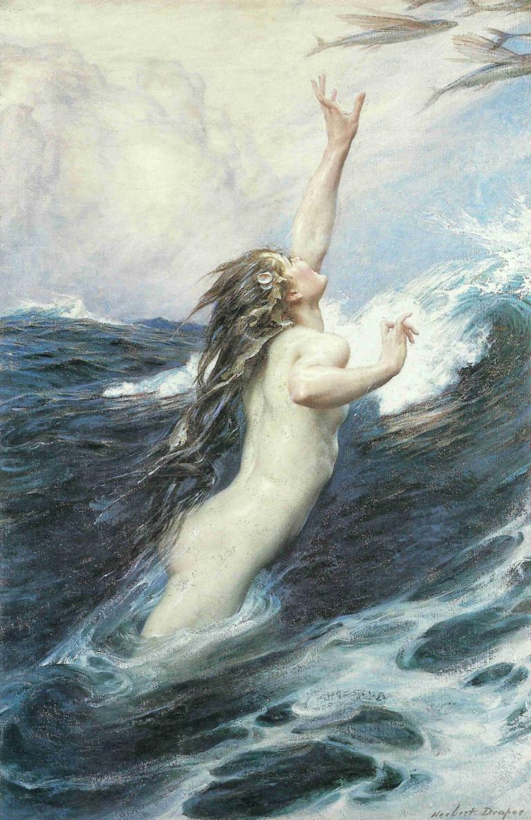 Flying Fish,Vliegende vissen,Herbert James Draper,Olieverf,Olieverf, 1meisje, naakt, lang haar, solo, water