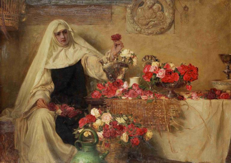 For Saint Dorothea's Day 1899,Herbert James Draper,Oil Painting,Oil Painting, fine art parody, flower, 1boy