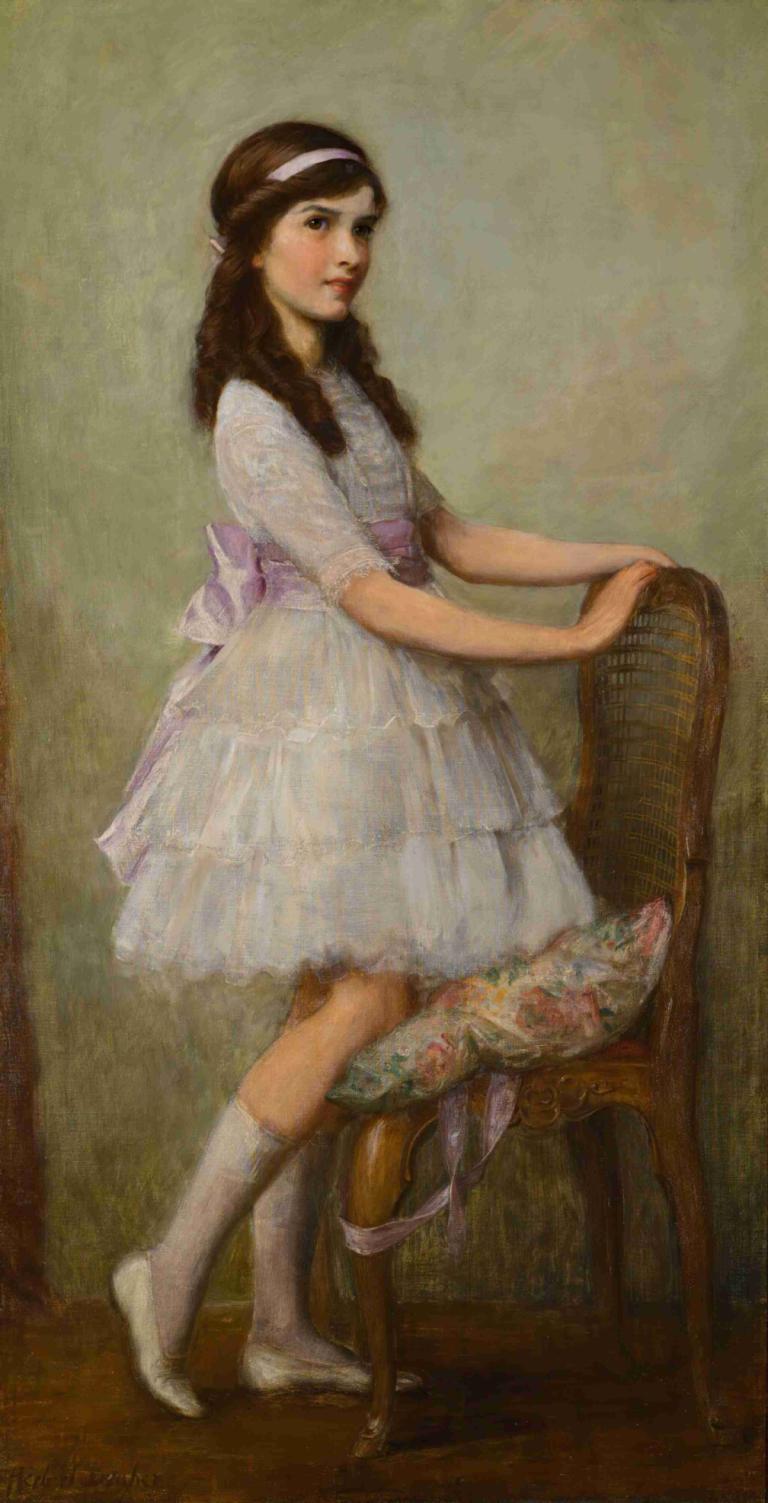 Portrait Of Miss Barbara De Selincourt,Herbert James Draper,Oil Painting,Oil Painting, 1girl, solo, dress