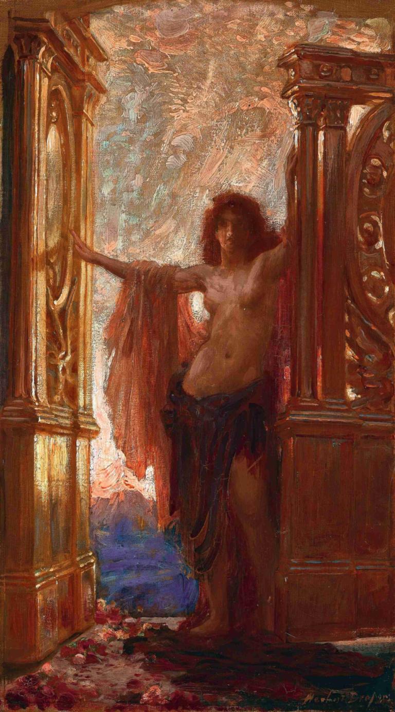 The Gates Of Dawn,Herbert James Draper,Oil Painting,Oil Painting, 1girl, solo, barefoot, navel, breasts