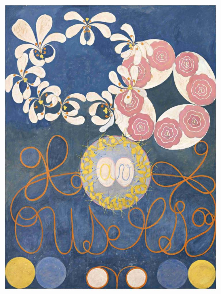 Childhood Group IV,兒童期第四組,Hilma af Klint,希爾瑪·拉夫·克林特,插畫,插畫, 花, 沒有人類, 月亮, 傳統媒體, 藍色背景, 英文文本, 粉紅色的花, 白色的花, 繪畫（中）