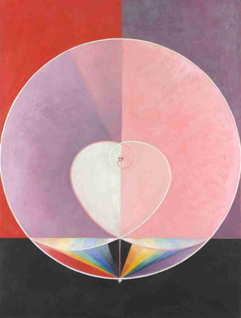 Doves No. 2,Duvor nr 2,Hilma af Klint,Illustration,Illustration, abstrakt, solo, svart bakgrund, röd bakgrund