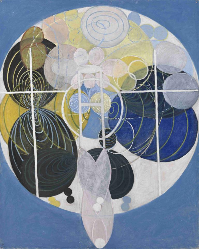 The Large Figure Paintings, No. 5 Group 3,大型人物畫，第5組，第3組,Hilma af Klint,希爾瑪·拉夫·克林特,插畫,插畫, 藍色背景, 沒有人類, 靜物, 簽名