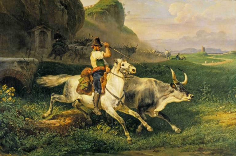 A Roman Herdsman driving Cattle,Horace Vernet,Oil Painting,Oil Painting, horse, riding, outdoors