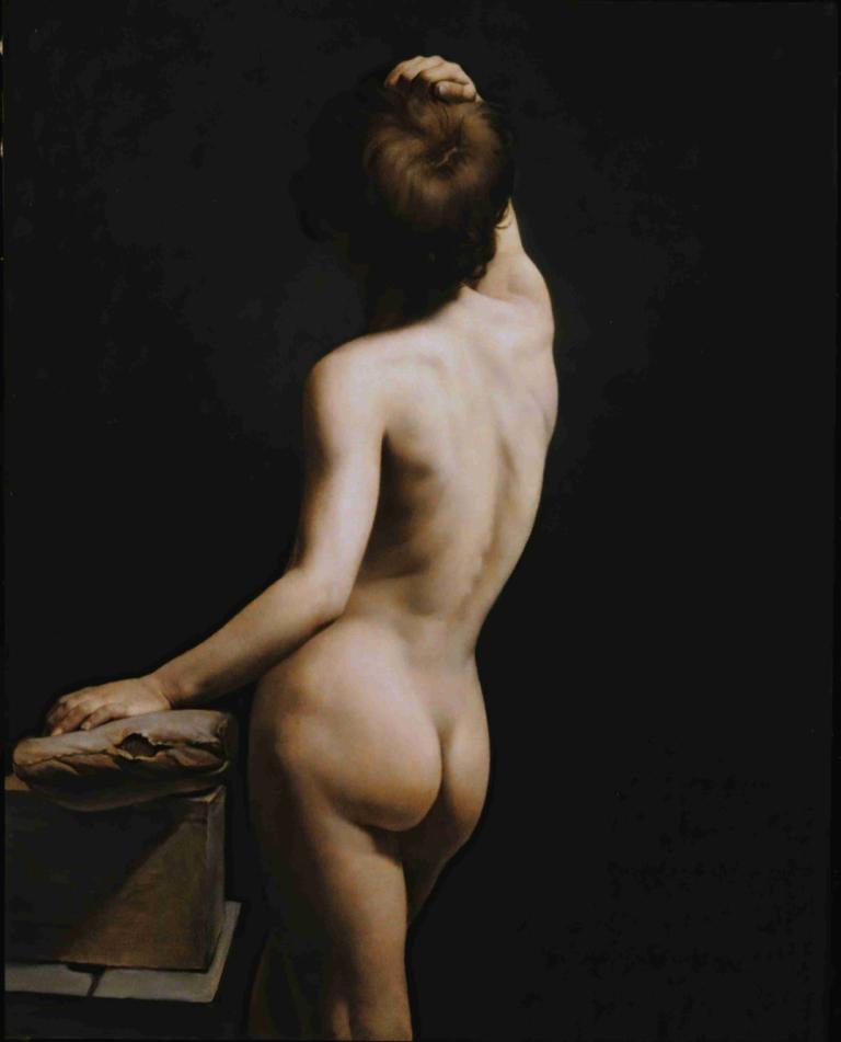 Academic Study of Adolescent Boy, Seen from Behind,Horace Vernet,Oil Painting,Oil Painting, 1girl, solo, nude