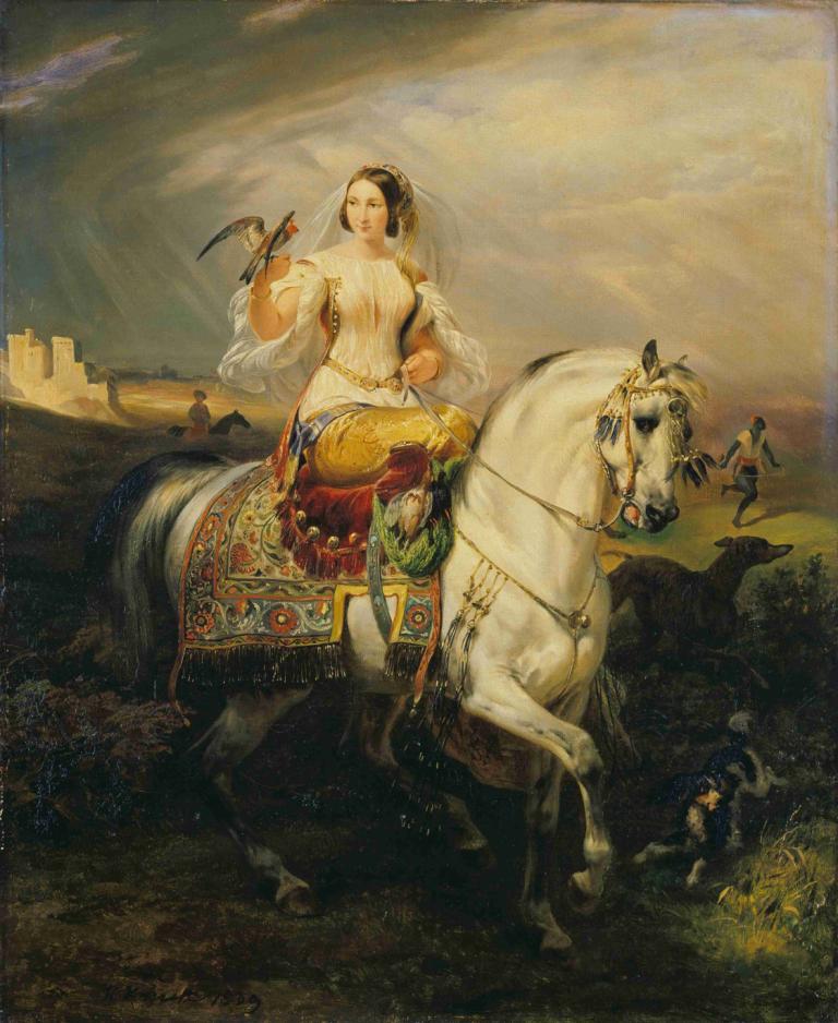 An Algerian Lady Hawking,Horace Vernet,Oil Painting,Oil Painting, fine art parody, horse, riding, 1girl