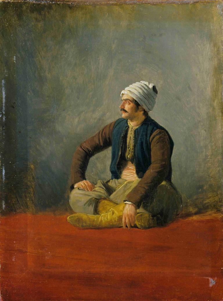 An Eastern Trader,Horace Vernet,Oil Painting,Oil Painting, male focus, 1boy, sitting, facial hair, turban