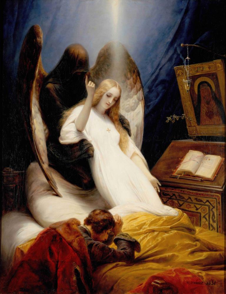 Angel of the Death,Horace Vernet,Oil Painting,Oil Painting, blonde hair, wings, 1girl, long hair, book