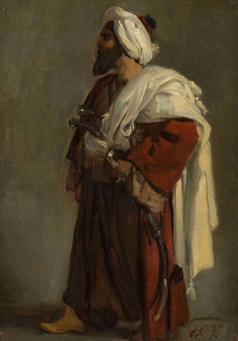 Arab Warrior,Horace Vernet,Oil Painting,Oil Painting, barefoot, solo, turban, robe, weapon, cape, 1boy