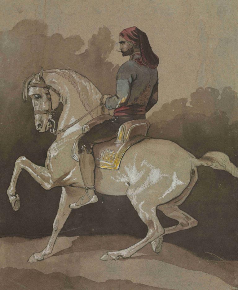 Arab on Horseback,Horace Vernet,Oil Painting,Oil Painting, riding, 1boy, horse, male focus, horseback riding