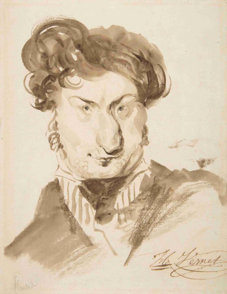 Caricature of Charles-Henri Plantade,Horace Vernet,Sketch,Sketch, solo, 1boy, male focus, monochrome, sepia