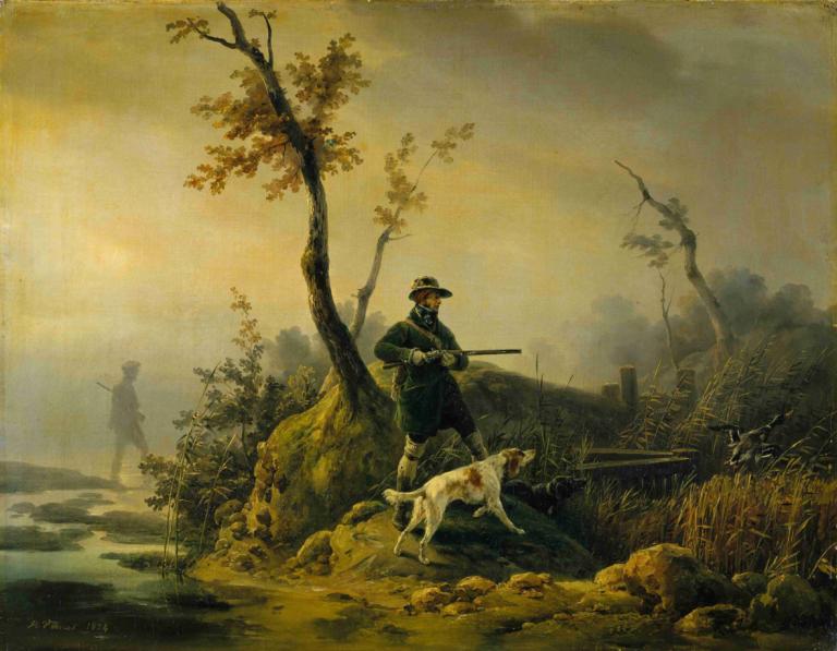 Duck Shooting,Eenden schieten,Horace Vernet,Olieverf,Olieverf, boom, wapen, pistool, hoed, 1 jongen, hond