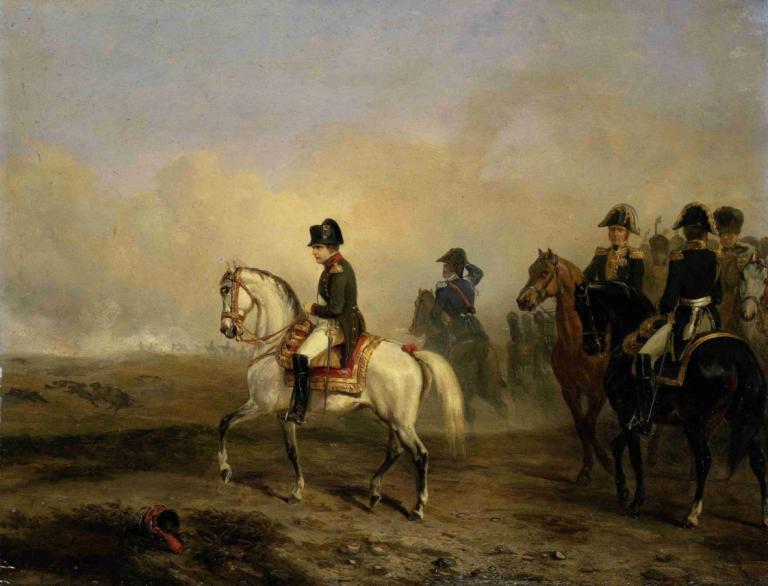 Keizer Napoleon I en zijn staf te paard,Horace Vernet,Olieverf,Olieverf, paard, paardrijden, rijden, uniform