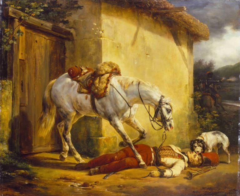 The Wounded Trumpeter,Den skadade trumpetaren,Horace Vernet,Oljemålning,Oljemålning, häst, liggande, vapen