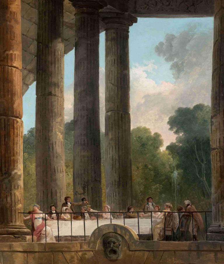 A Banquet in the Ruins of a Temple,Hubert Robert,Oil Painting,Oil Painting, multiple girls, multiple boys