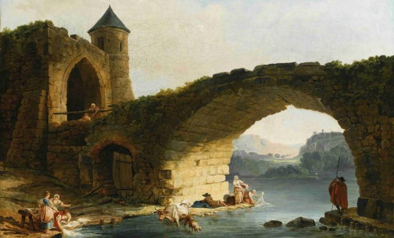 A Capriccio River Landscape With Washerwomen Near A Ruined Bridge