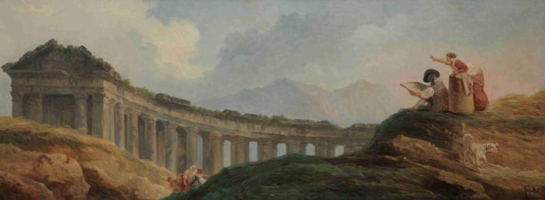 A Colonnade in Ruins,Hubert Robert,Oil Painting,Oil Painting, outdoors, pointing, sky, cloud