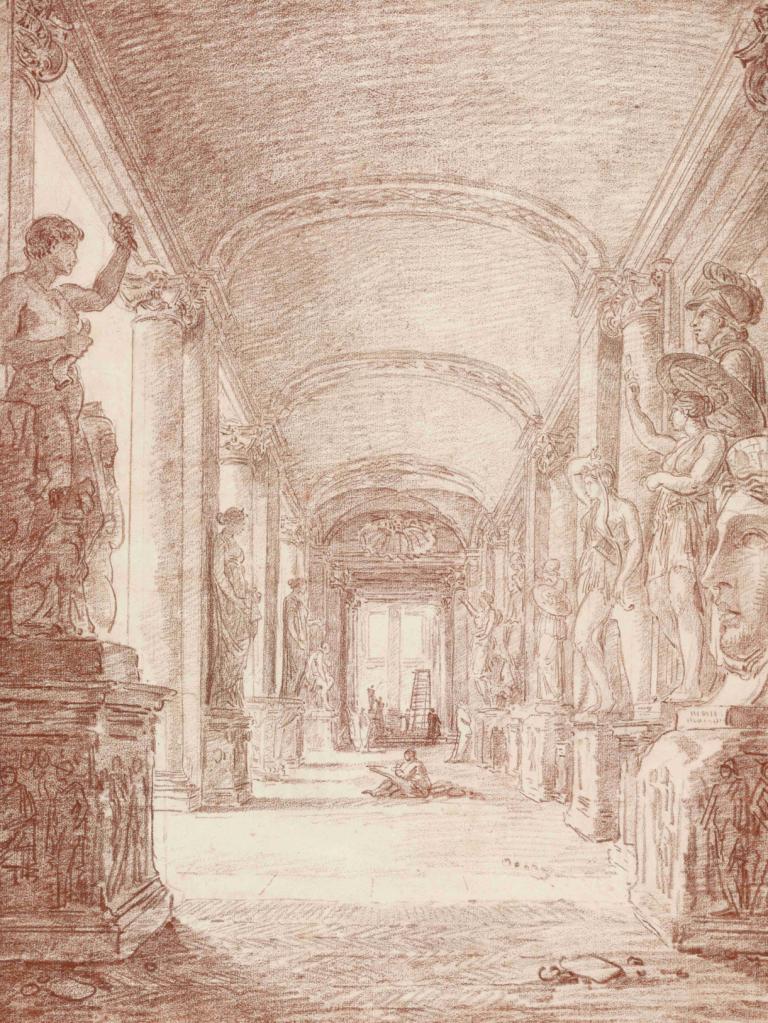 A Draftsman in the Capitoline Gallery,Hubert Robert,Copperplate Etching,Copperplate Etching, monochrome