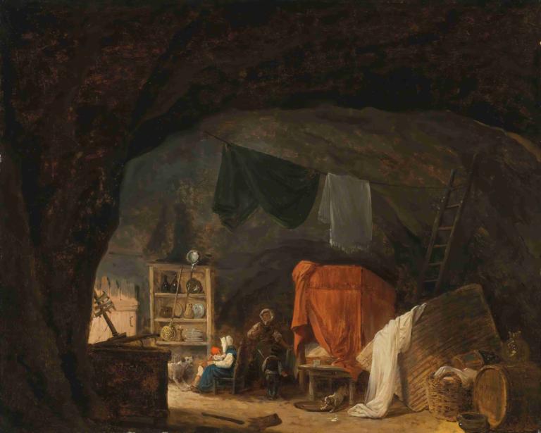 A Family In A Cave Interior,Hubert Robert,Oil Painting,Oil Painting, basket, sitting, solo, bottle