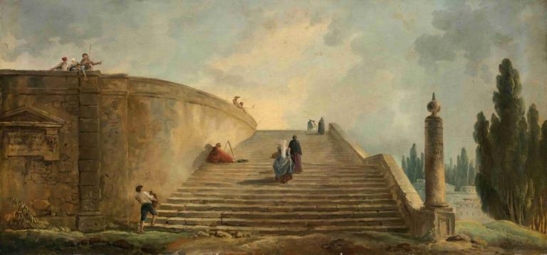 A Grand Staircase,Hubert Robert,Oil Painting,Oil Painting, multiple boys, outdoors, scenery, tree, cloud