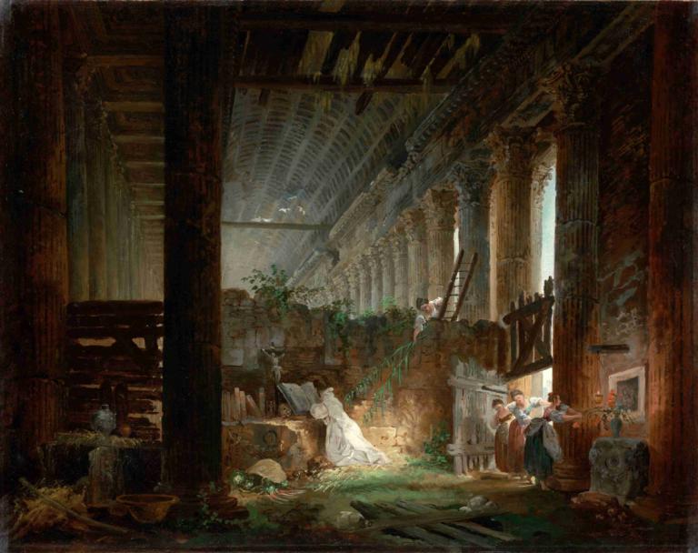 A Hermit Praying in the Ruins of a Roman Temple,Hubert Robert,Oil Painting,Oil Painting, scenery, plant