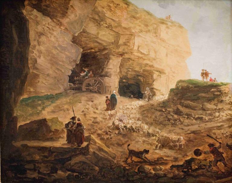 A Quarry with a Flock of Sheep,Hubert Robert,Oil Painting,Oil Painting, multiple boys, outdoors, weapon