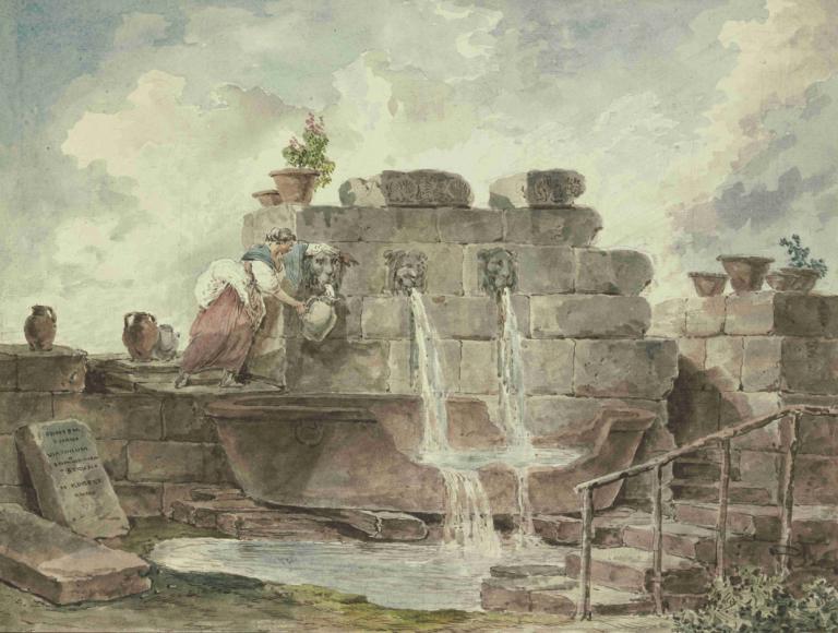 A Roman Fountain with a Woman Collecting Water,Hubert Robert,Oil Painting,Oil Painting, water, plant, cloud