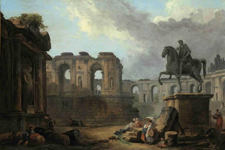 A Roman capriccio with washerwomen by the Statue of Marcus Aurelius,Hubert Robert,Oil Painting,Oil Painting