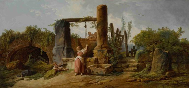 A peasant woman at a well,Hubert Robert,Oil Painting,Oil Painting, outdoors, tree, scenery, 1girl, cloud