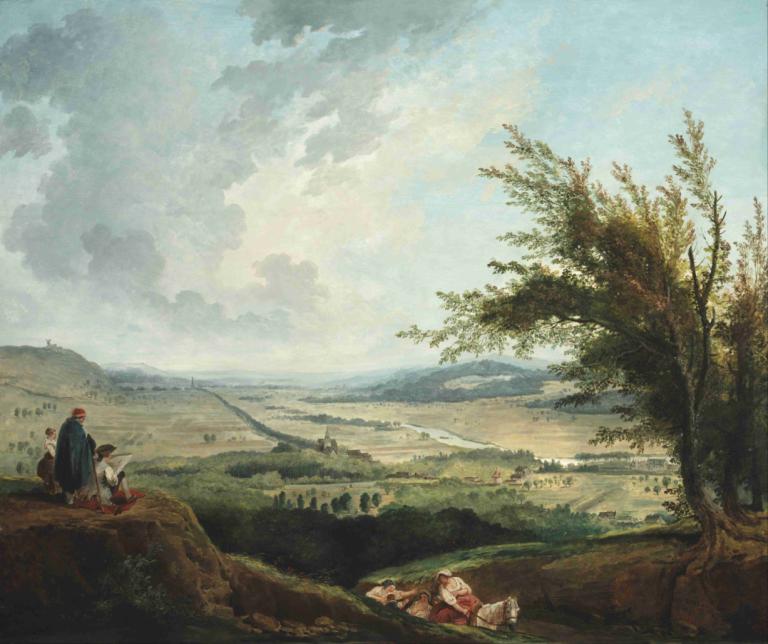 An extensive landscape near Paris,Hubert Robert,Oil Painting,Oil Painting, tree, outdoors, scenery, cloud