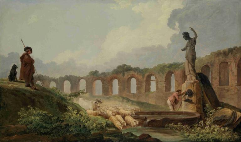 Aqueduct in Ruins,Akvædukt i ruiner,Hubert Robert,Oliemaleri,Oliemaleri, udendørs, Sky, kappe, træ, landskab