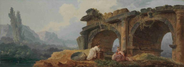 Arches in Ruins,Hubert Robert,Oil Painting,Oil Painting, outdoors, sitting, scenery, cloud, multiple boys