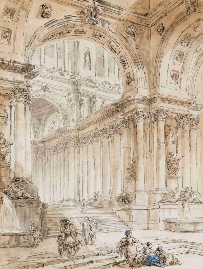 Architectural Composition With Portico,Hubert Robert,Copperplate Etching,Copperplate Etching, multiple boys