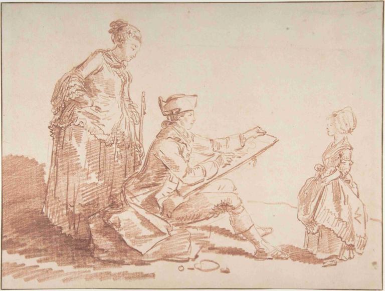 Artist Sketching a Young Girl,Hubert Robert,Copperplate Etching,Copperplate Etching, multiple girls