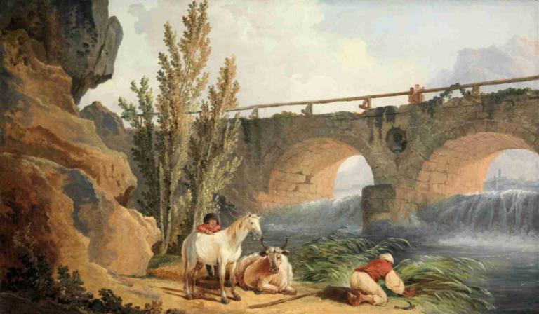 Bridge over a Cascade,Bro over en kaskade,Hubert Robert,Oliemaleri,Oliemaleri, vand, udendørs, landskab, træ