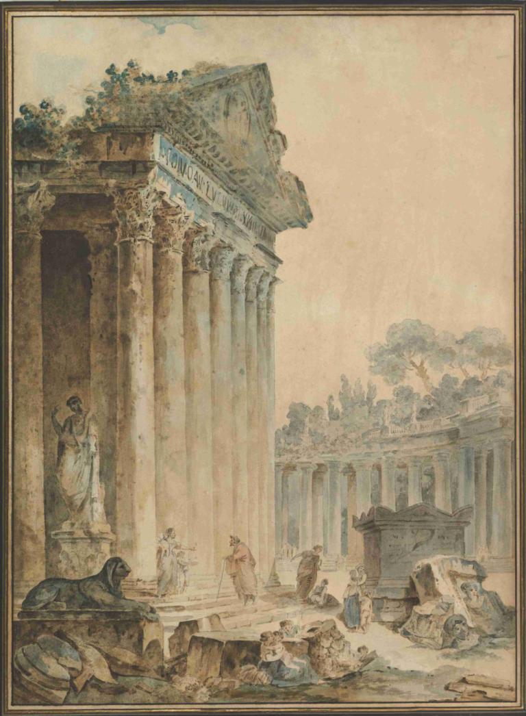 Capriccio with an Ancient Temple,Hubert Robert,Oil Painting,Oil Painting, ruins, statue, pillar