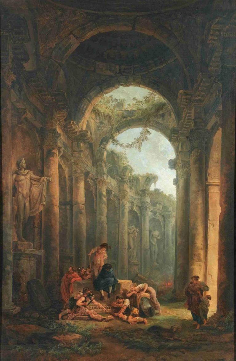 Classical Ruins With Soldiers Gambling,Hubert Robert,Oil Painting,Oil Painting, arch, multiple boys, pillar