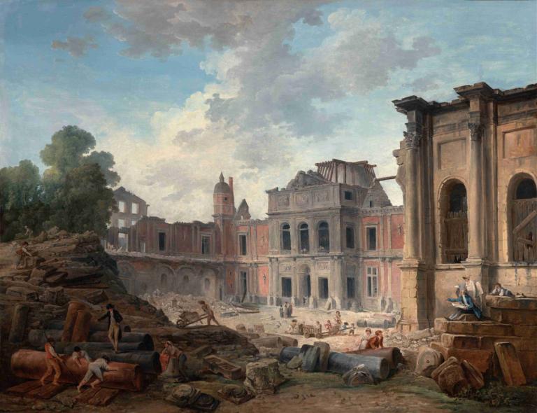 Demolition of the Château of Meudon,Demolice zámku Meudon,Hubert Robert,Olejomalba,Olejomalba, scenérie